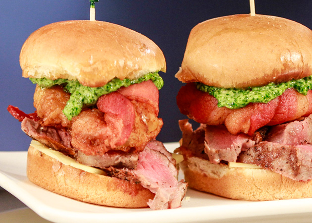 Sirloin Steak Sliders with Bacon-Wrapped Onion Rings and Chimichurri Mayo