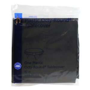 Plastic Tablecover, Round, Black, 82″ | Packaged
